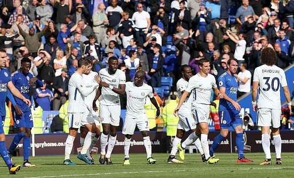 N'Gole Kante celebrates after scoring Chelsea's second